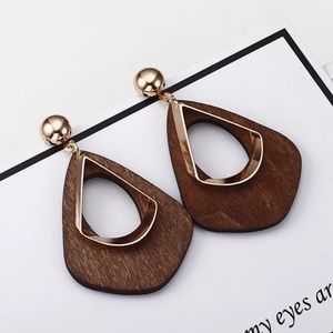 Hot Brown Wooden Geometric Dangle Earrings